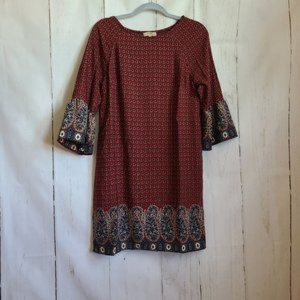 Gilli burgundy paisely boho mini dress flare sleeve new size small